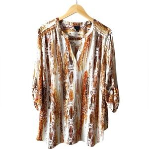 WASHINGTON | Women's Rust Brown and White Tunic V-Neck 3/4 Sleeves Blouse Sz 3X